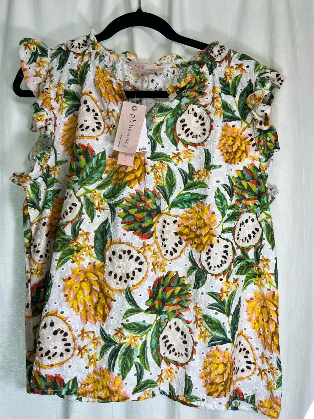 Philosophy White Floral Eyelet Ruffle Sleeve Top - Yellow & Green